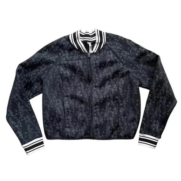 FABLETICS Tia Bomber Jacket Size M Black Neoprene Floral Print Pockets M… - Picture 2 of 11